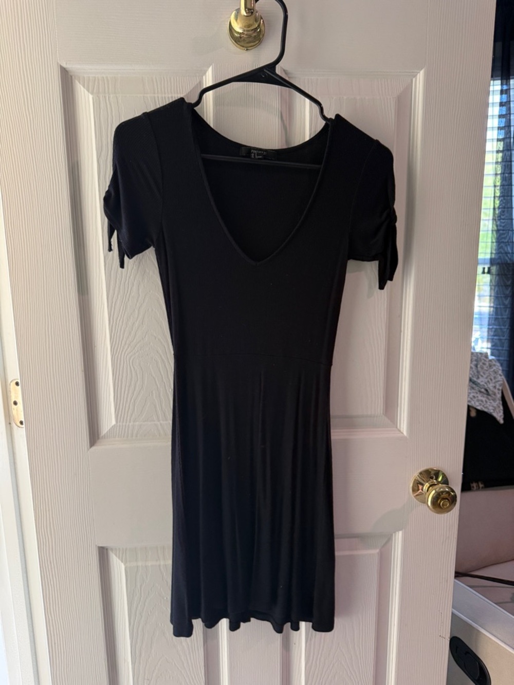 Forever 21 Black V-Neck Midi Dress with Short Tie Sleeves